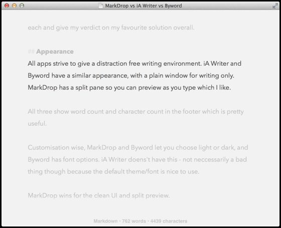Byword's focus and typewriter mode